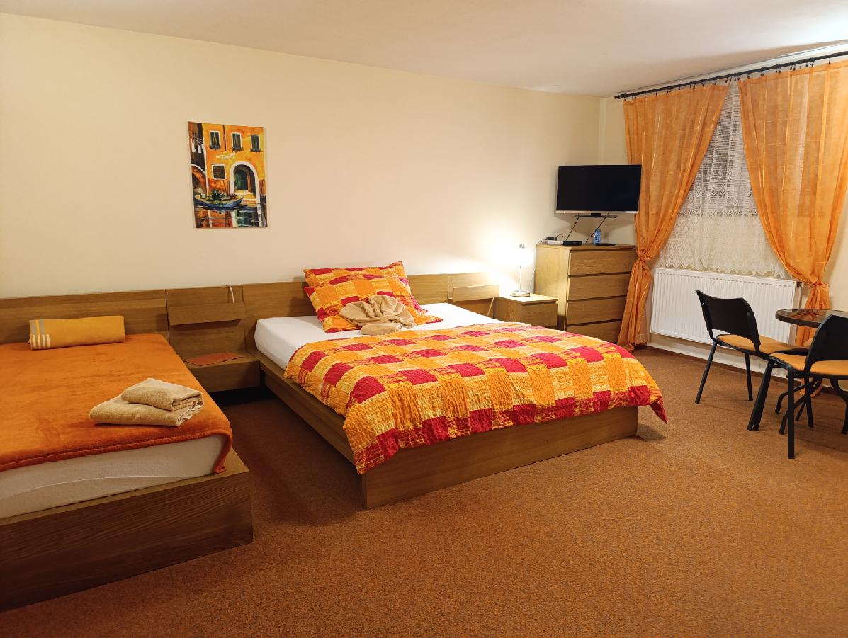 Podkrovní pokoj č. 6 v penzionu Siesta Příbor s dřevěnými trámy